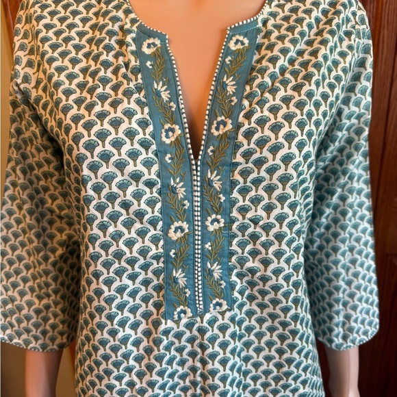 NWT BIBA Kurta Tunic Dress Women Sz 38 Blue Green Floral Print V Neck 1 Piece - Picture 5 of 15